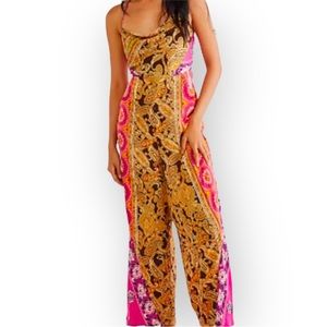 Free People Miranda Printed Jumpsuit in hot pink combo size Small Paisley Print.